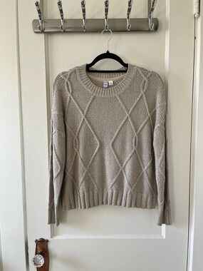 Women’s Alya Beige Lightweight Diamond Cable Crewneck Sweater (S)